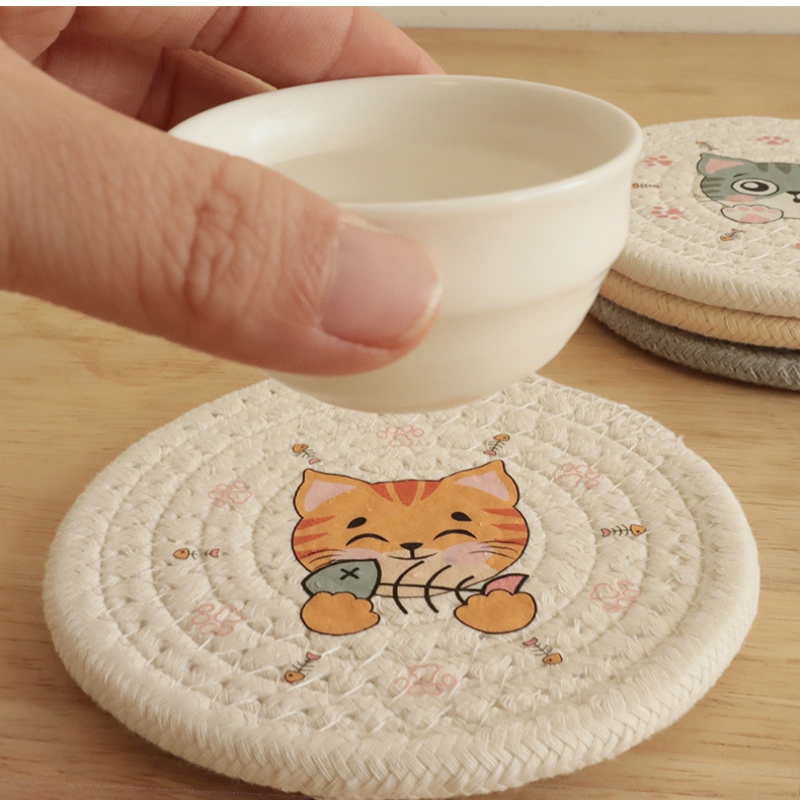 Description Picture 5 of itemJapanese-Style Ins Braided Insulation Table Mats Coasters Creative Cute Cartoon Kitten Coaster Bowl Mat Cotton Rope Placemat