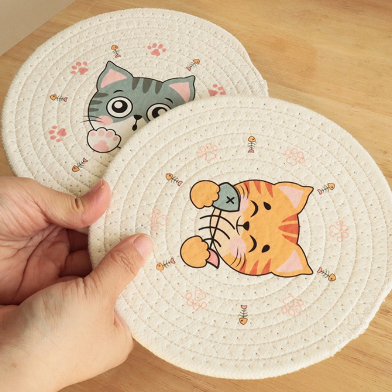 Description Picture 4 of itemJapanese-Style Ins Braided Insulation Table Mats Coasters Creative Cute Cartoon Kitten Coaster Bowl Mat Cotton Rope Placemat