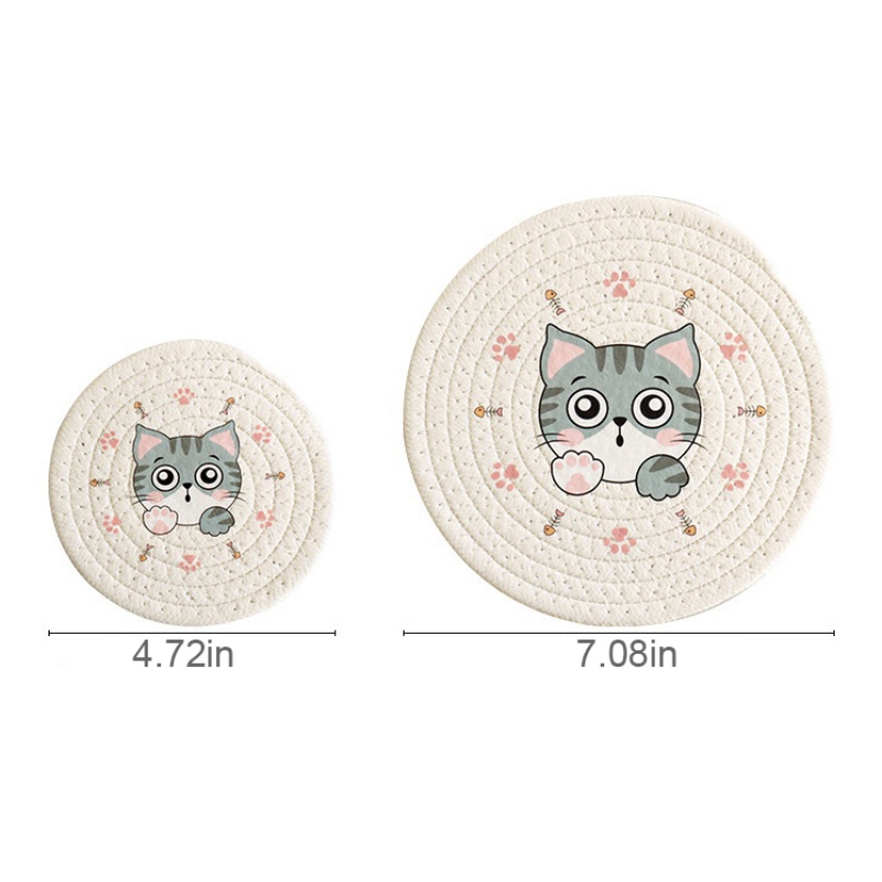Description Picture 2 of itemJapanese-Style Ins Braided Insulation Table Mats Coasters Creative Cute Cartoon Kitten Coaster Bowl Mat Cotton Rope Placemat